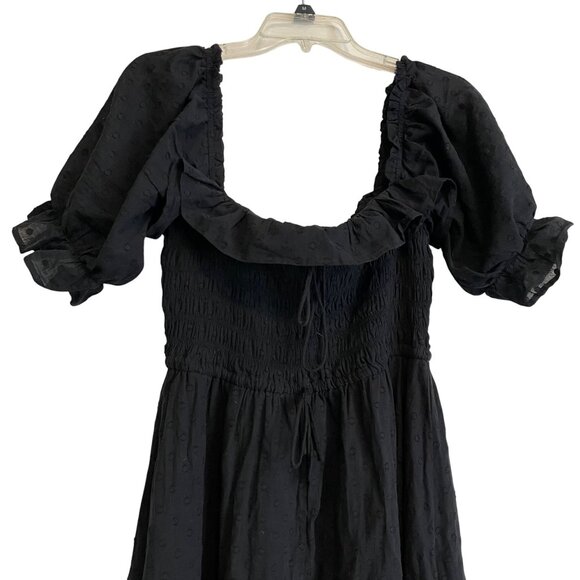 Women’s Maxi‎ Black Dress Square Neck Puff Sleeves Sz XL Smoked Flowy Polka Dot - Picture 3 of 11